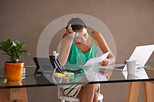 Business, stress or woman with headache, documents or laptop glitch in office for finance, savings or budget review