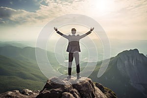 business success and achievement concept idea, businessman standing on the top of a mountain, inspirational image reaching goals