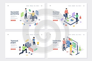 Business success basics isometric landing page templates set