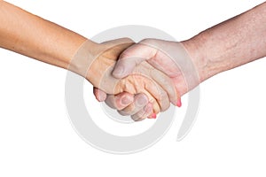 Business success concept. A handshake from two business partners on a white background. Handshake of man and woman