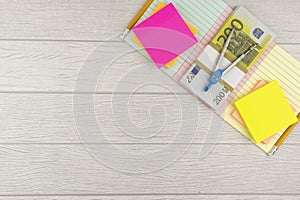 Business success concept with notes and 200 euro banknotes. Flat lay, copy space
