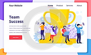 Business Success concept, Successful teamwork near a giant golden trophy. Modern flat web page design for website and mobile