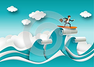 Business success concept vector poster in paper art origami style. Businessman surfing on a top of the wave. Sea waves