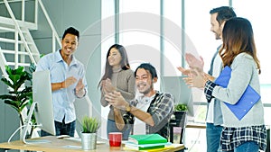 Business success corporate, Happy  teamworks applause for celebration, Group of business team clapping hand for work achievement