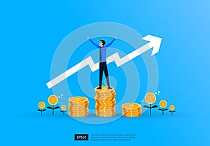 Business success finance investment concept with businessman and coin piles symbol illustration