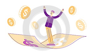 Business Success, Financial Freedom Concept. Cheerful Businessman Rejoice Flying Forward on Money Carpet