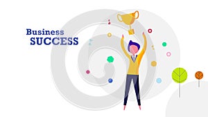 Business success flat design background. Happy human throwing golden winner award trophy into the air. Business and achievement