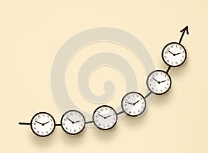Business success growth increase up concept. many clocks with upward arrow