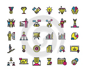 Business success icons set. Icons for business, management, finance, strategy, planning, analytics, banking, communication, social