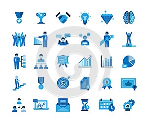 Business success icons set. Icons for business, management, finance, strategy, planning, analytics, banking, communication, social