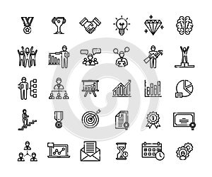 Business success icons set. Icons for business, management, finance, strategy, planning, analytics, banking, communication, social