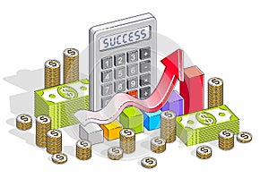 Business success and income growth concept, calculator, chart with arrow and cash money dollar stack and coins isolated on white