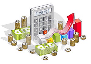 Business success and income growth concept, calculator, chart with arrow and cash money dollar stack and coins isolated on white