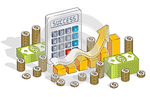 Business success and income growth concept, calculator, chart with arrow and cash money dollar stack and coins isolated on white