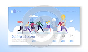 Business Success Landing Page Template. Website Layout with Flat People Characters Running to Finish. Leadership