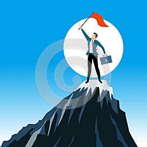 Business, Success, Leadership, Success and People Concept . businessman with flags on mountain peaks above blue sky  background