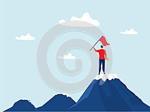 Business success,man standing on top of mountain with flag and moving to final destination point,leadership,people reach goal