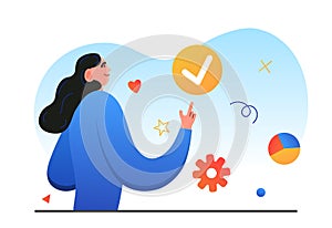 Business success manager. Business woman with check icon. Trendy character. Key to success. Vector illustration concept