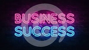 Business success neon sign. purple and blue glow. neon text. Brick wall lit by neon lamps. Night lighting on the wall. 3d