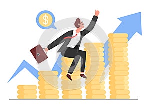 Business success, profit growth vector illustration, cartoon flat businessman sitting on stacks of gold money coins next