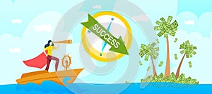 Business success start up concept vector illustration, cartoon flat businesswoman with telescope spyglass look forward