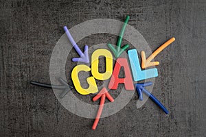 Business success target or goals concept, colorful wooden alphabets GOAL at the center with pointing arrow magnet on black