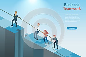 Business success teamwork, collaboration, partnerships, and problem solving strategy. Businessman leader pull rope help partners