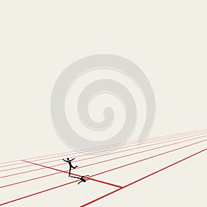 Business success and winner vector cartoon concept with businessman or entrepreneur crossing finish line.