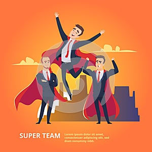 Business super team. Strong businessmen in superhero suits on skyscrapers backdrop superheros employee staff vector