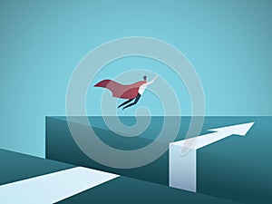 Business superhero vector concept with businessman flying over gap. Symbol of overcoming challenges, finding solution