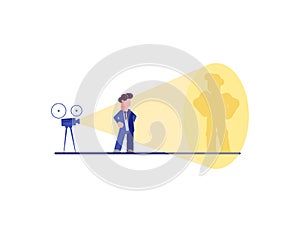 Business superhero vector concept with businessman projecting superhero shadow on wall. Symbol of motivation, ambition, vision,