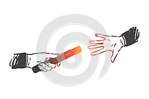 Business support, teamwork, relay race concept sketch. Hand drawn isolated vector