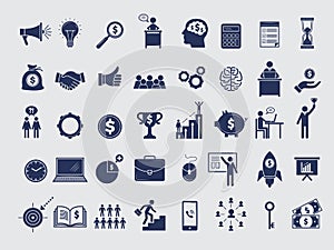 Business symbols collection. Diagram money managers at work bag handshake team arrows pc laptop vector icons isolated