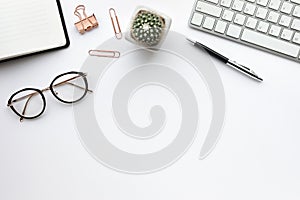 Business table top with mock up office supplies on white background