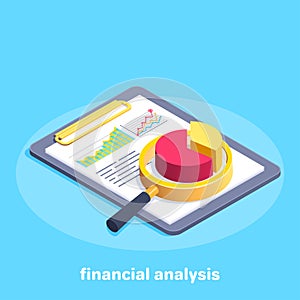 business tablet with charts and magnifier, financial analytics