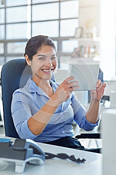 Business tablet, office portrait or happy woman with financial savings, finance budget or accounting review. Database