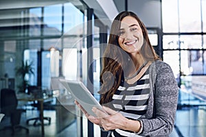 Business, tablet and portrait of woman in office building for planning, agenda or schedule, crm or faq management