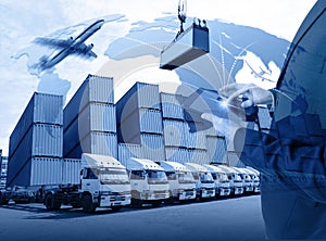 business with tablet of worldwide cargo transport or global business commerce concept or import-export commercial logistic photo