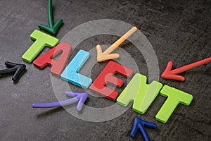 Business talents finding, recruitment for HR, Human Resource concept, colorful arrows pointing to alphabet TALENT at the center of