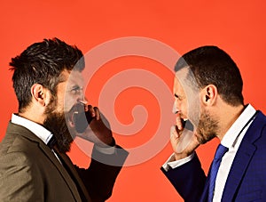 Business talk and rivalry concept. Men with beards