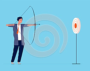 Business target. Businessmen manager investor shooting with bow and arrow focus target business concept vector flat