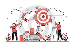 Business target concept. Cartoon characters planning and reaching goals, successful business team concept. Vector target