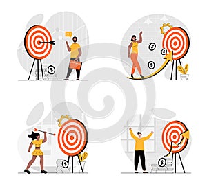 Business target concept with character set. Collection of scenes people achieve goals and hitting aim, productive work, success