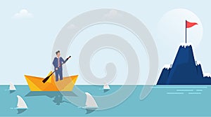Business target concept design. Businessman character on paper boat surrounded by sharks. Focus on target and process. Flat style