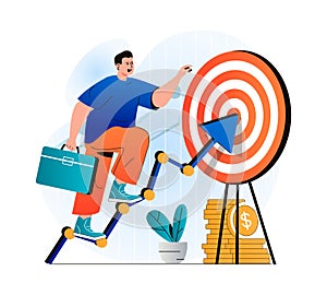 Business target concept in modern flat design. Businessman with briefcase goes up on arrow to dartboard. Achievement of career