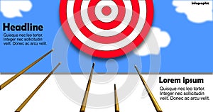Business targets focus on strategic objectives. Vector illustration of an arrow hitting the target. success in planning towards th