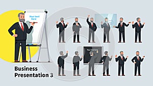 Business teacher man giving lecture poses set