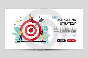 Business team achieving goal. Landing page for web. Marketing strategy concept. People near huge target with arrow. Vector