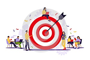 Business team achieving goal. Marketing strategy concept. People near huge target with arrow. Vector illustration. Isolated flat