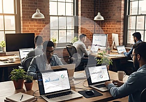 Business Team Analyzing Data on Laptops and Desktops, Modern Office